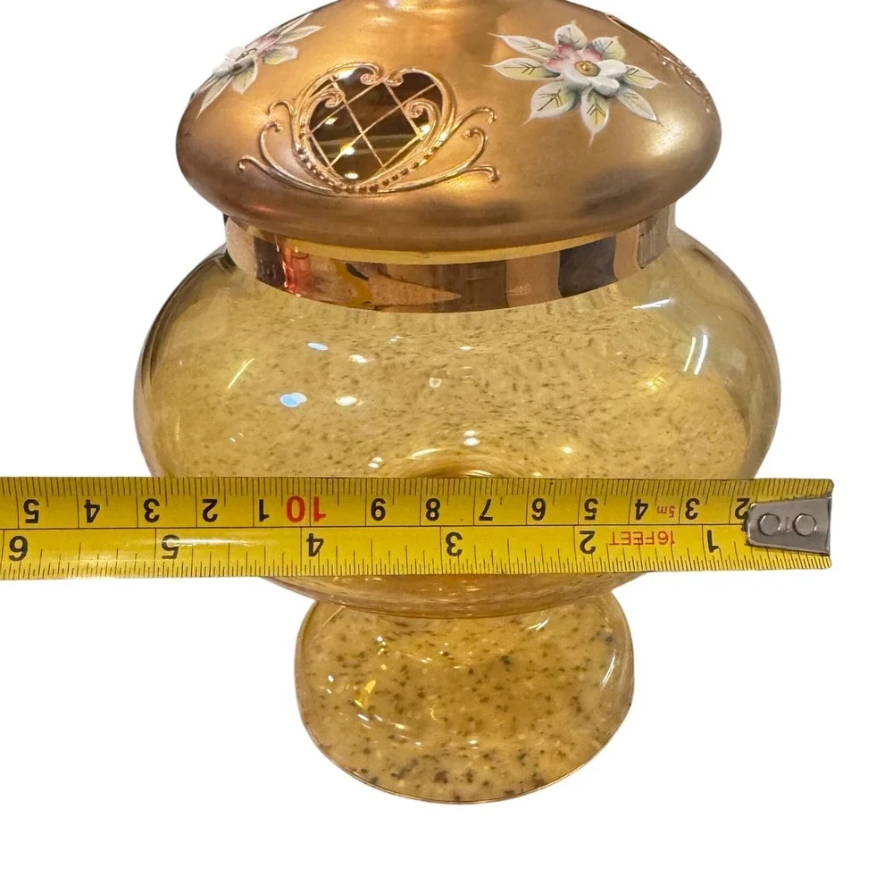 Vintage  Bohemian Czech Glass Candy Apothecary Jar‎ Gold Floral Decorative 9